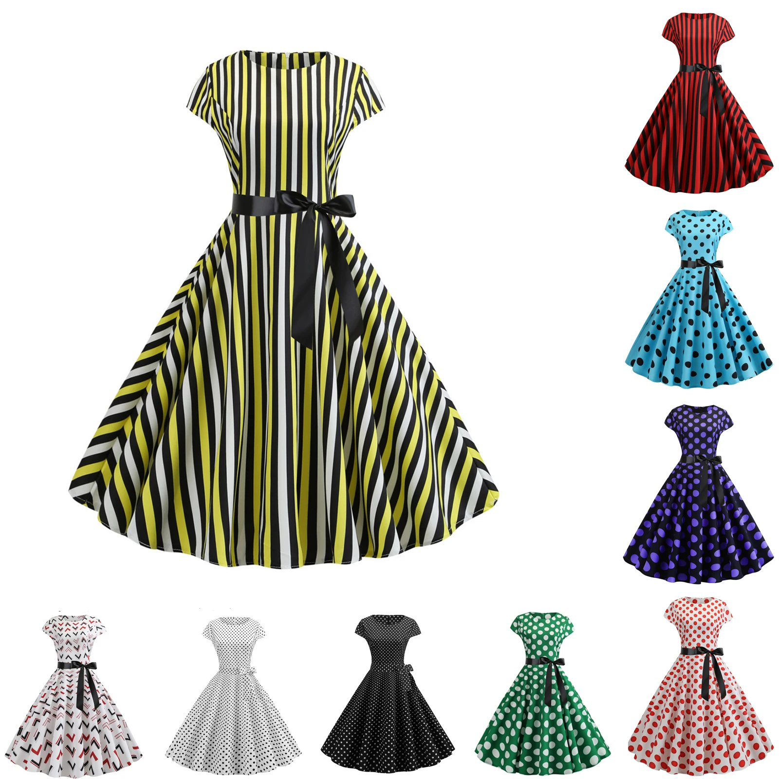 2025 Retro Summer Dress Women Striped Polka Dot Print Robe Vintage Rockabilly Ruched Party Dresses Swing Sundress A-Line