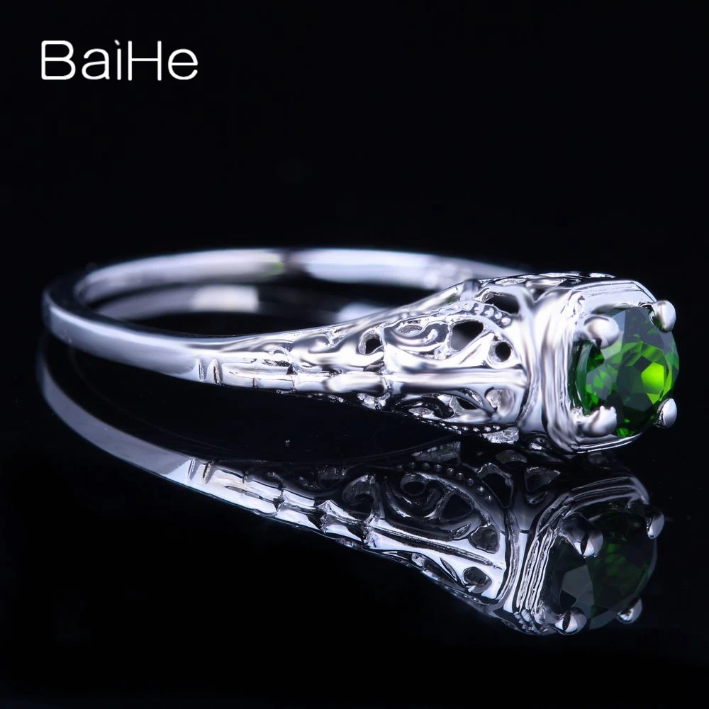 BAIHE Real Solid 14K White Gold Chrome Diopside Ring Men Women Gift Vintage Trendy Engagement Wedding Gift Fine Jewelry Making