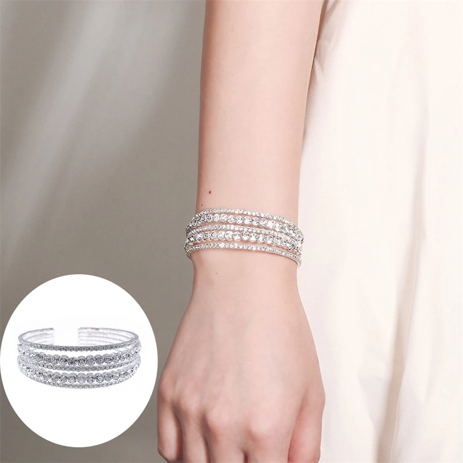 Efily Fashion Rhinestone Cuff Bracelets for Women Silver Color Bridal Crystal Bangle Bracelet Wedding Jewelry Bridesmaid Gift