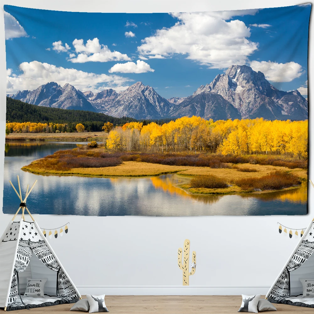 Mountain Rolling Lake Scenery Art Tapestry Golden Forest Wall Hanging Hippie Cloth Backdrop Beach Mat Dorm Home Decor