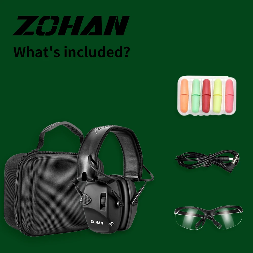 ZOHAN Electronic Noise Reduction Earmuffs NRR 22 dB Hearing Protection Set With Big Case, Goggles, Cable And 5 Pairs Of Earplugs