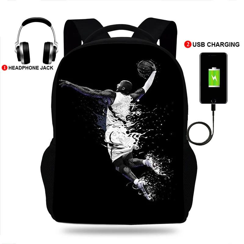 17inchLuxury Basketball Basket Print College Backpack usb Charger Schoolbag Laptop Backpacks for Teenage School Bag Boys Mochila