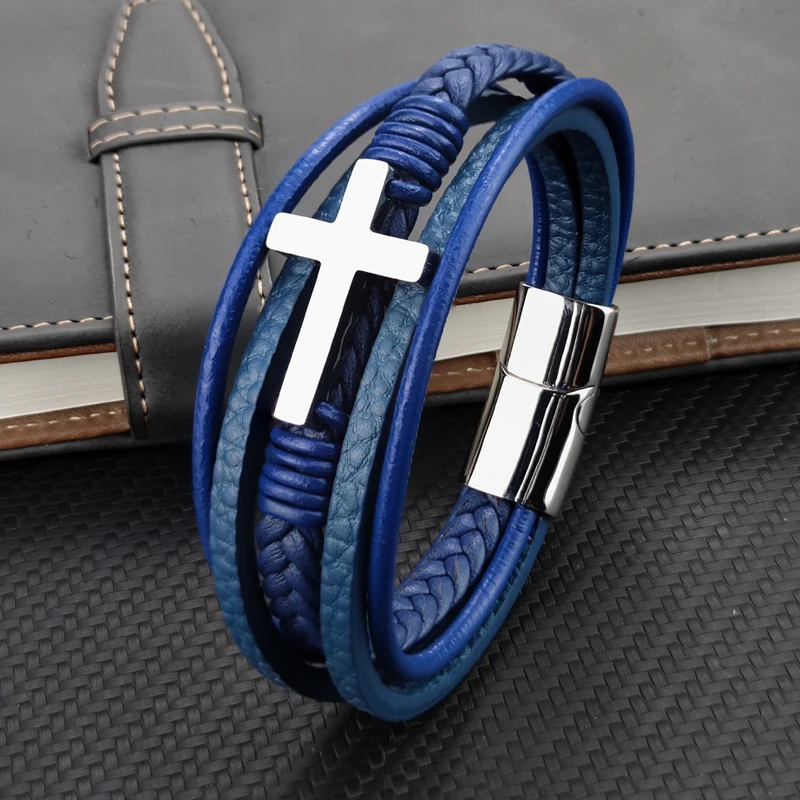 

New Arrival Classic Stainless Steel Blue Cross Braided Genuine Leather Bracelets Magnetic Clasp Mens Charm Bangles Wholesale