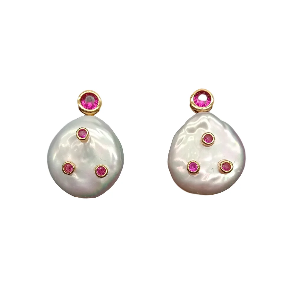Freshwater Cultured White Coin Pearl Muti Color Cz pave Stud Earrings for Woman