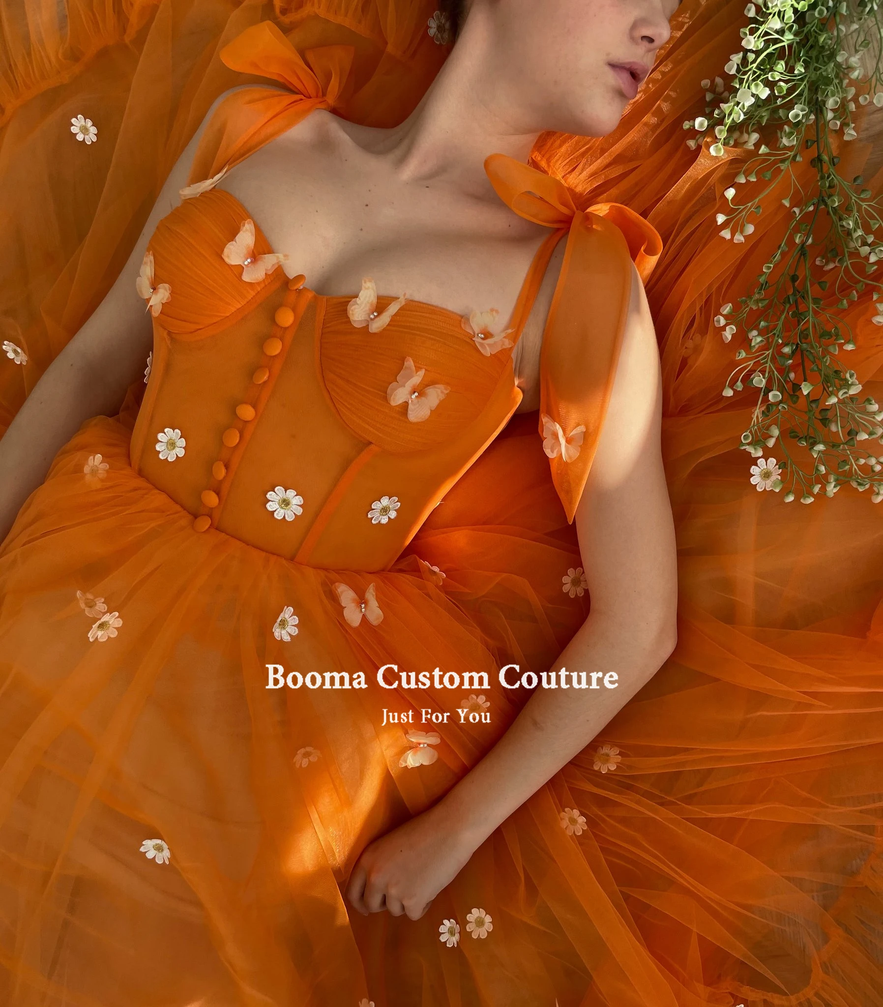 Booma Sweetheart Orange Tulle Prom Dresses Bow Straps Tea-Length Prom Gowns A-Line Midi Wedding Party Dresses Customized