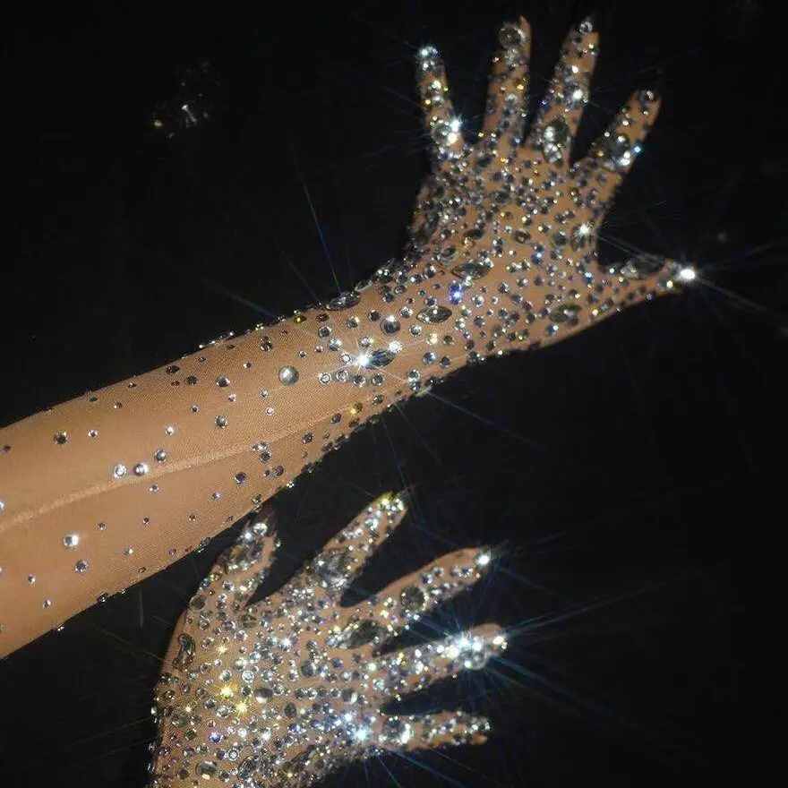 Rhinestones Luxury Gloves Women Sparkly Crystal Party Prom Mesh Elbow Long Gloves Dancer Singer Nightclub Stage Show Accessories