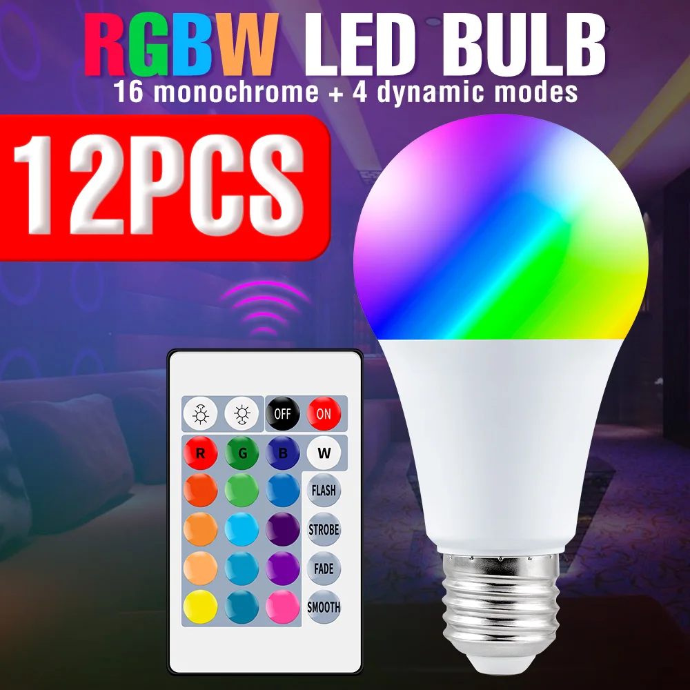 

12PCS LED Bulb RGB Lamp 220V Smart Light E27 Light Bulb 5W 10W 15W Change Color Lamp Dimmable Ampoule Atmosphere Home Lighting