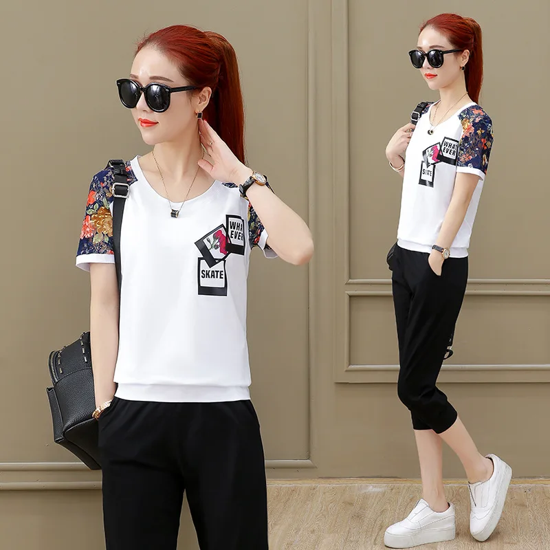 Top Selling Product In Summer Sporting Suit Female Print Lady Clothes Korean T-Shirt+ Pants Two-Piece Set Women's Factory Outlet