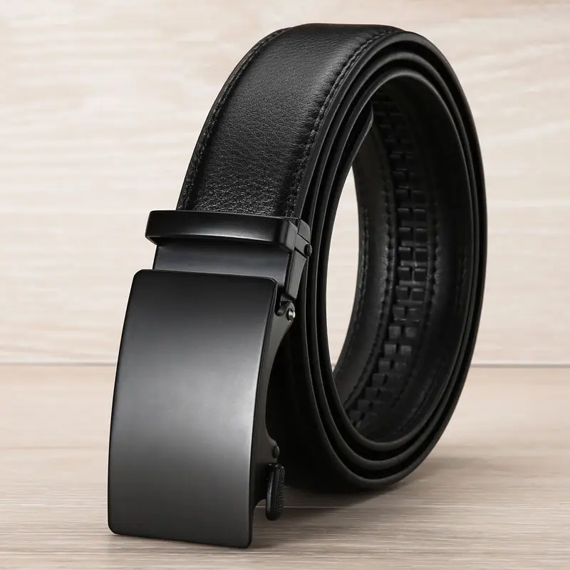 Ceinture en cuir véritable pour hommes, sangle de taille de luxe, noir, automatique, structure, environnement, marque célèbre, affaires, qualité supérieure