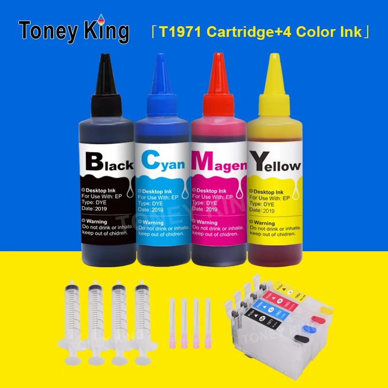 Toney King Refill Ink Cartridge for Epson T1971 T1972 T1973 T1974 + 400ml Dye Ink for Epson Expression XP-204 104 214 Printers