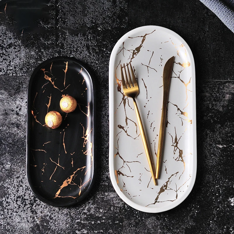 Nordic Marmoriert Keramik Oval Platte Westlichen Gericht Dessert Platte Schmuck Ablage Geschirr Zubehör Sushi Meeresfrüchte Gericht