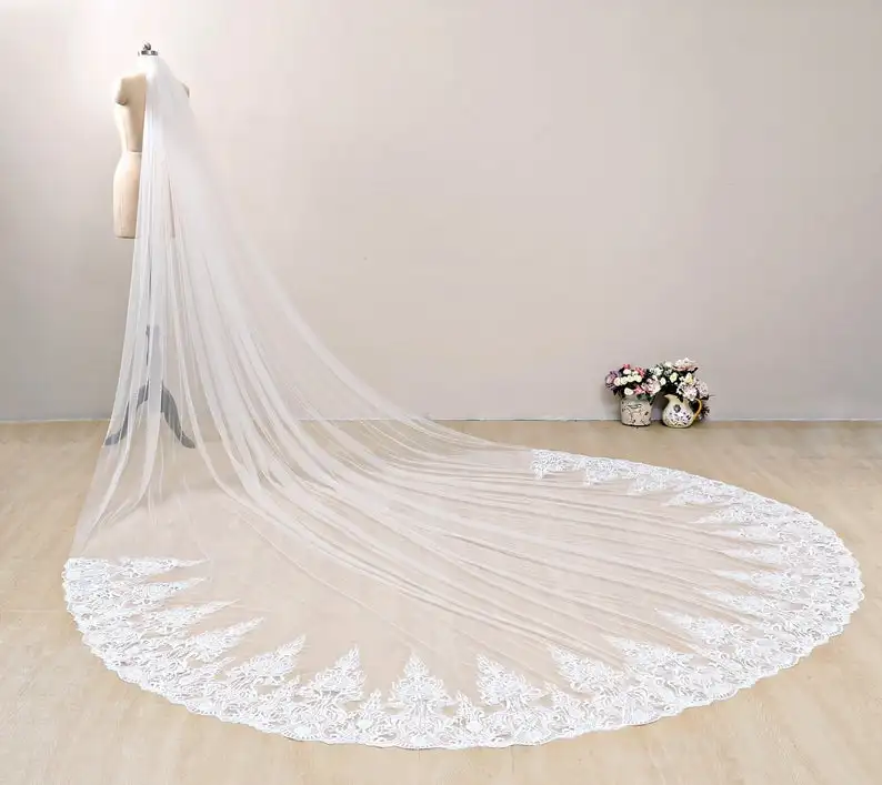 Voile de mariage Extra large en dentelle ivoire, voile de mariée à fond en dentelle, voile de chapelle