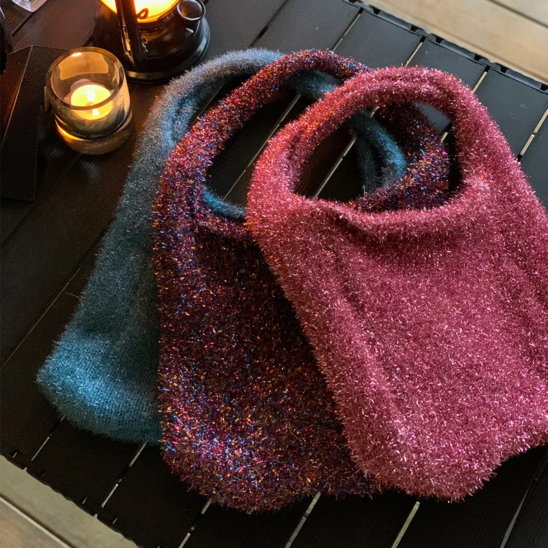 Casual Sequins Knitted Tote Bag Designer Women Handbags Large Capacity Shoulder Bags Shinny Shopper Bag Plush Big Purses 2022