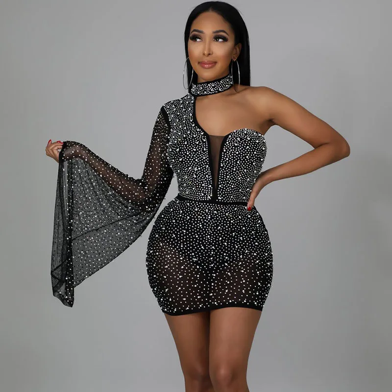 

Сексуальное блестящее платье на день рождения для женщин с жемчугом на одно плечо для ночного клуба рождественское платье Элегантное облегающее мини-платье для вечерние НКИ