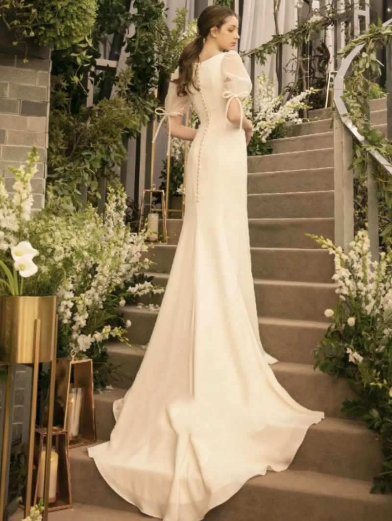 2021 Váy Đầm Ôm Cổ Vuông Satin Hàn Quốc Vintage Bong Bóng Ngắn Tay Boho Cô Dâu Váy Áo Dây De Soirée De mariage