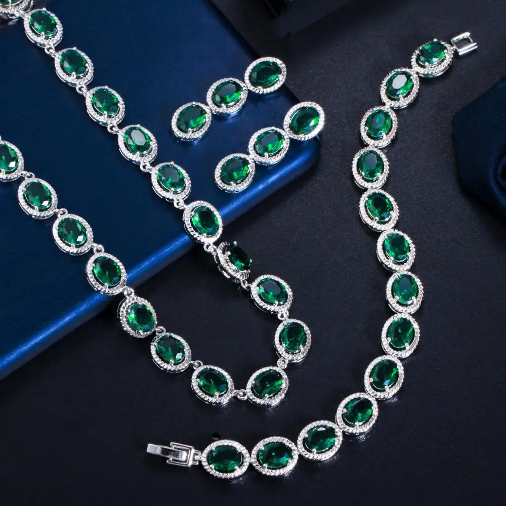 BeaQueen Exclusive Costume Jewellery Luxury Green Cubic Zirconia Necklace Earring Bracelets Party Jewelry Set for Women JS273