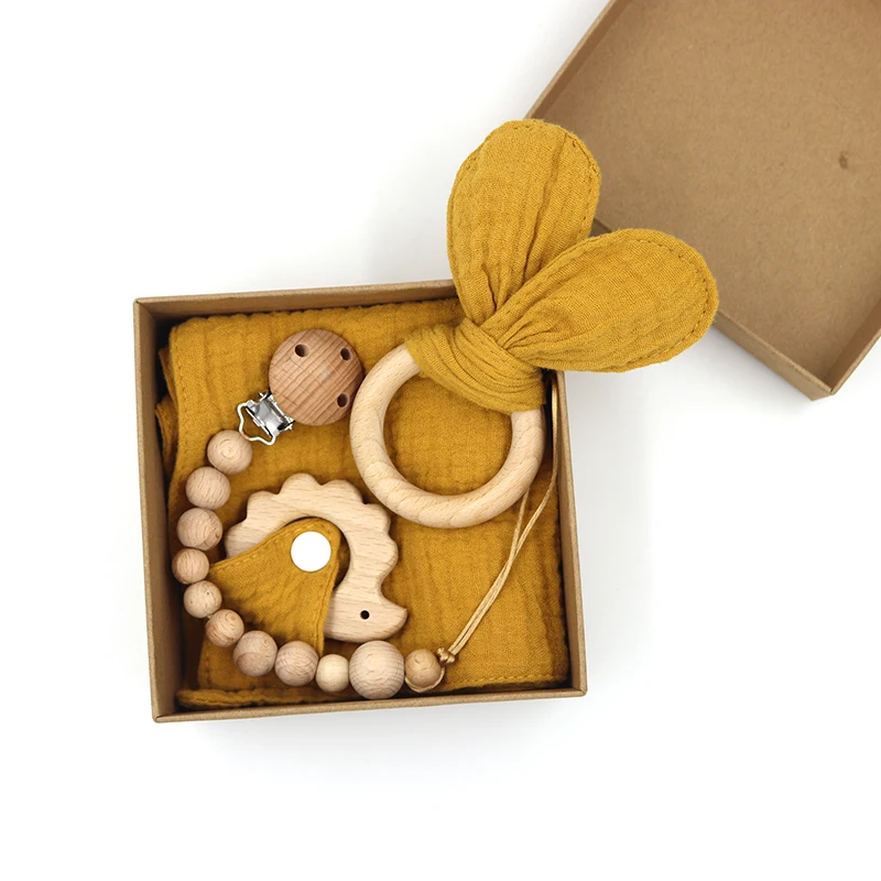 100%  muslin cotton baby comforting towel bunny teether wooden ring newborn pacifier chain baby teether set images - 6