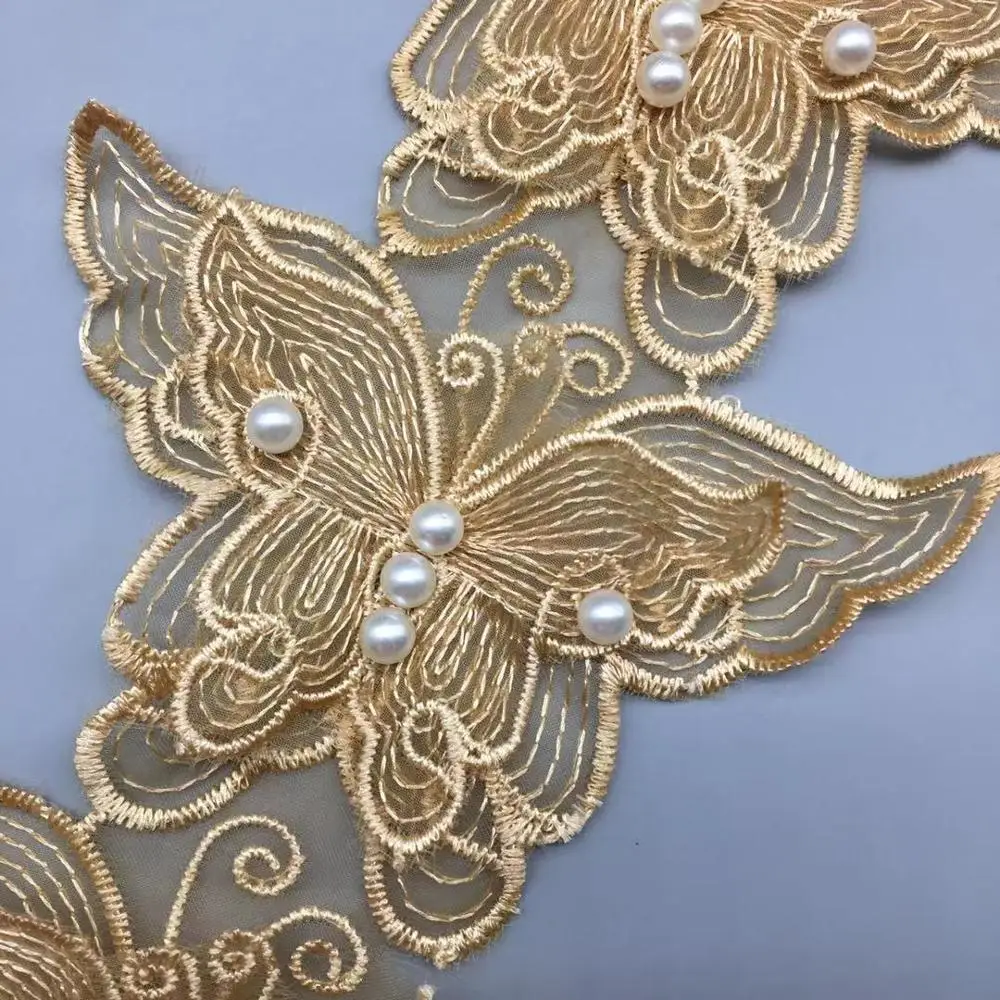 10x Oro Perla Del Merletto In Rilievo 7.5X11CM Farfalla Ricamato 3D Flower Lace Trim FAI DA TE Applique Tessuto Mestiere di Cucito FAI DA TE Abito