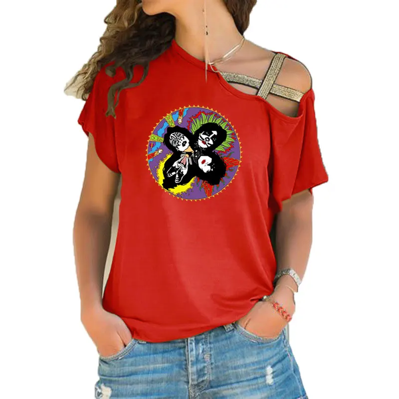 Kiss T Shirt Women Short Sleeve Vintage 1980 Rare Rock Band Concert tee 80\'s Girls T-shirt Irregular Skew Cross Bandage Tee Tops