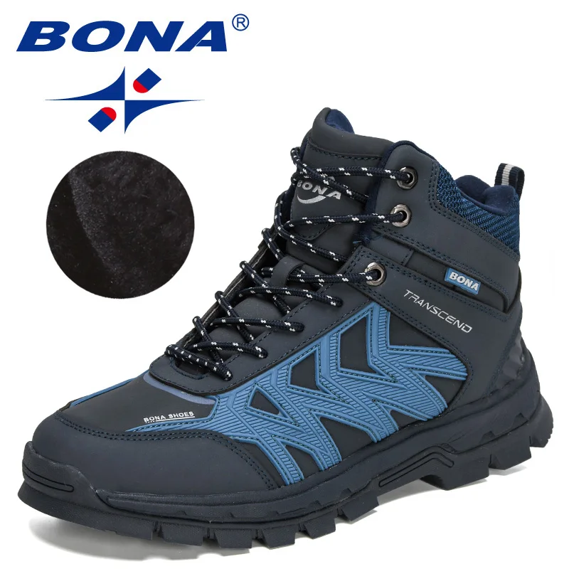 BONA 2022 New Designers Outdoor Fashion Leather Boots Men Ankle Boots Short Plush Winter Warm Boots Man Plush Hiking Footwear