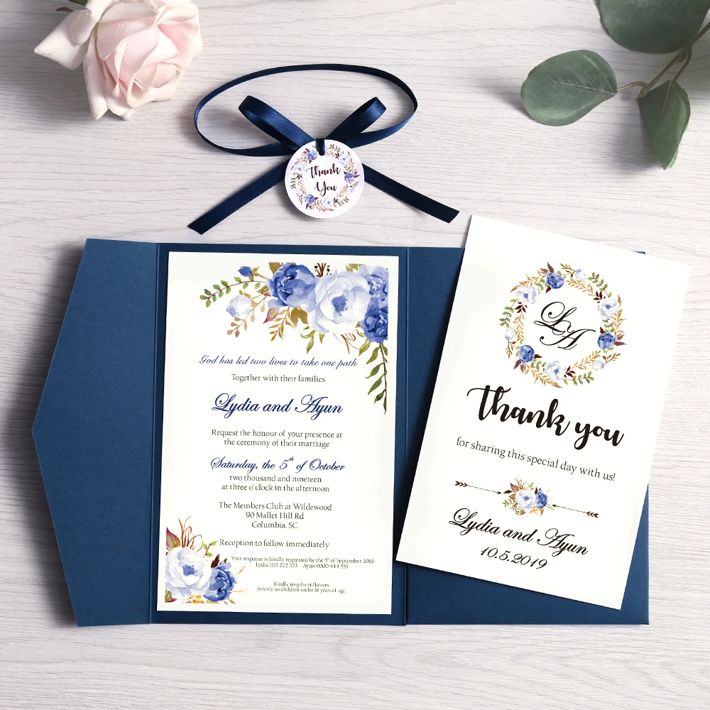 50pc Wedding Invitation Navy Blue Pink Burgundy Greeting Card with Envelope Party With Ribbon and Tag