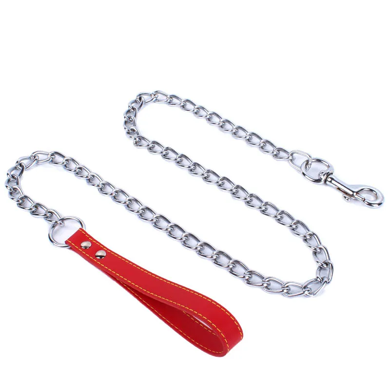 Durable Pet Dog Chain Metal Leash For Small Medium Dog PU Handle Leather Iron Chain Leash Anti-Bite Chain Dog Accessories