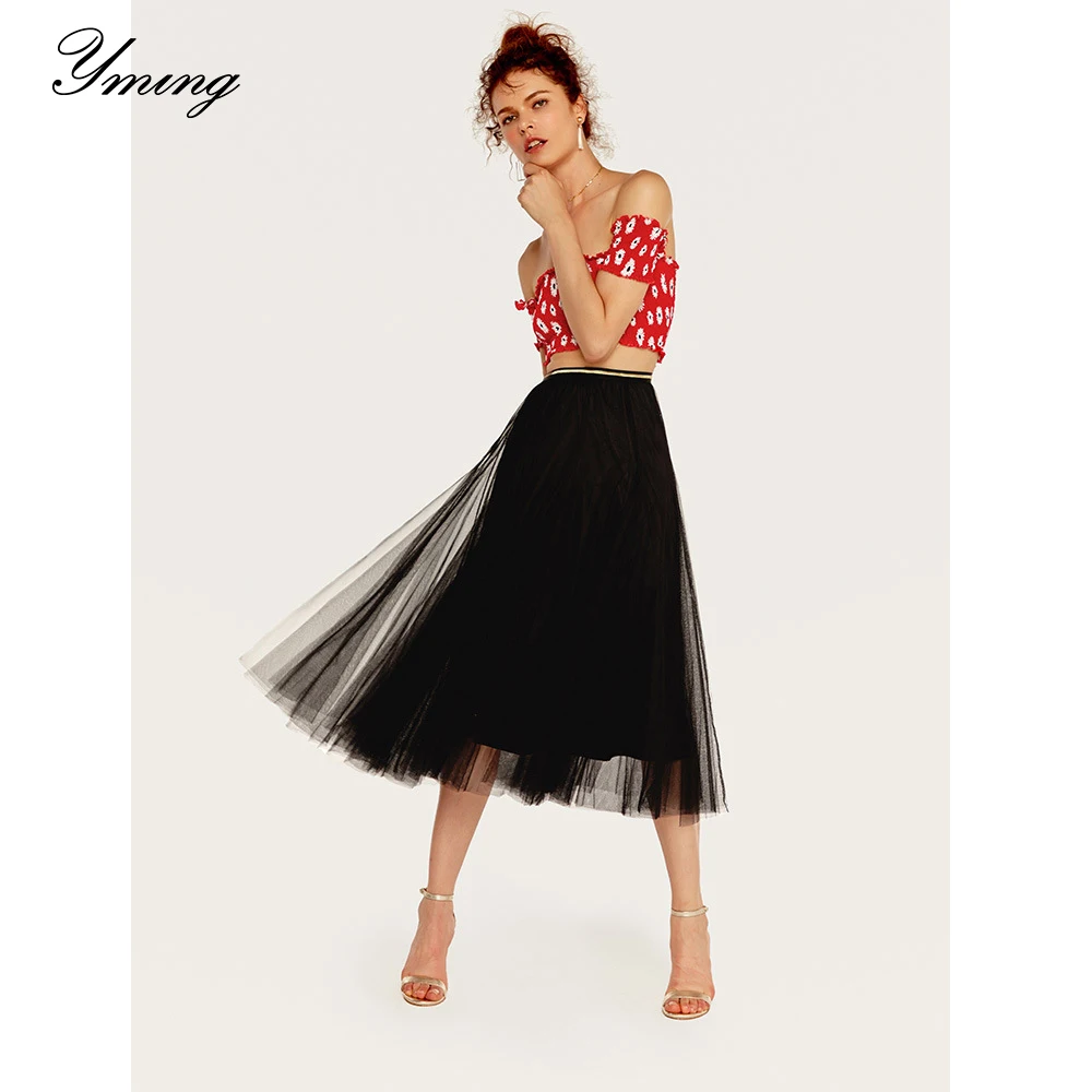 

YMING Women's Spring Skirt A-type Skirt Solid Color Mesh Lace Slim Fit skirt Elegant Exquisite High Waist Skirt