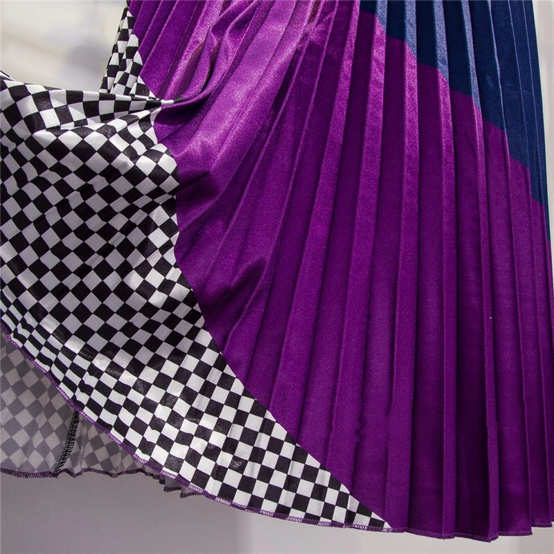 Marwin 2019 Spring New-Coming Europen Color Matching Plaid Pleated skirt High Street Style Mid-Calf Empire Striped Women Skirts