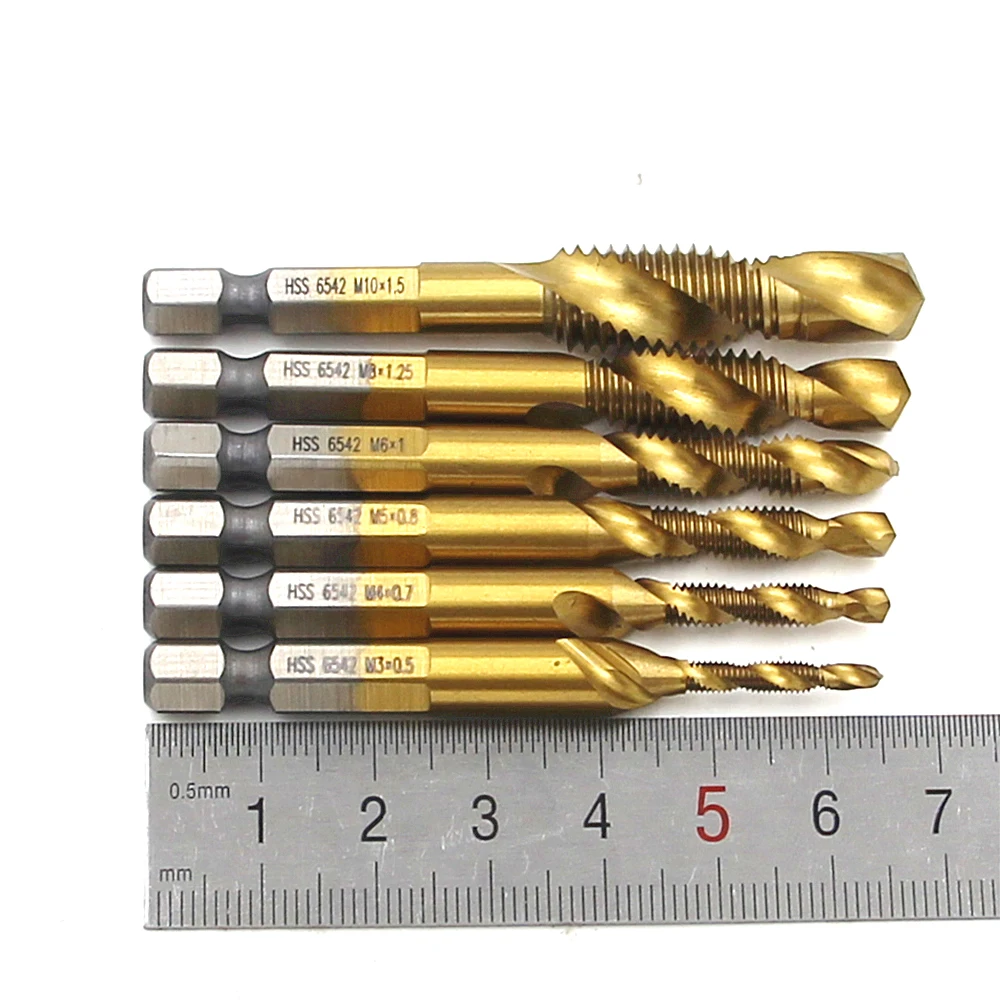 6 teil/satz Tippen Hex Schaft HSS 6542 Schraube Spirale Punkt Gewinde Metric Stecker Bohrer M3 M4 M5 M6 M8 m10 Kombination 1/4 Zoll Hex