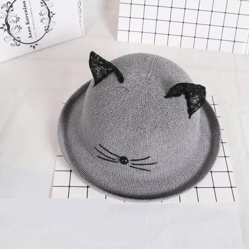 Parent-child Adult / Child Straw Woven Curled Dome Cartoon Cat Ears Sun Hat Women Summer Beach Travel Sunscreen Bowler Hat U33