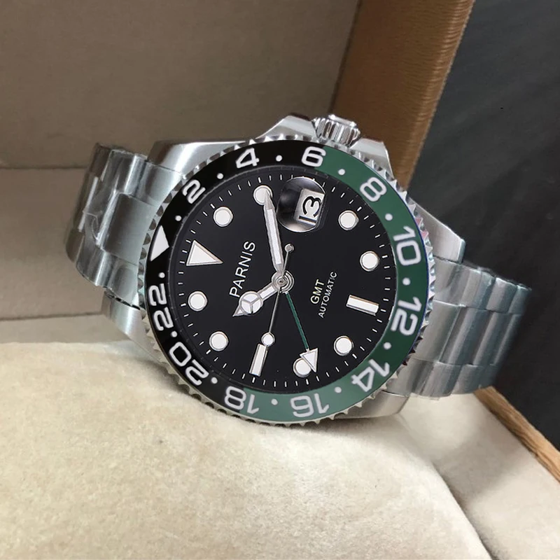 2024 New Parnis 40mm Black Green Bezel Mechanical Watches Green GMT Sapphire Crystal Men's Wristwatch Automatic Calendar Clock