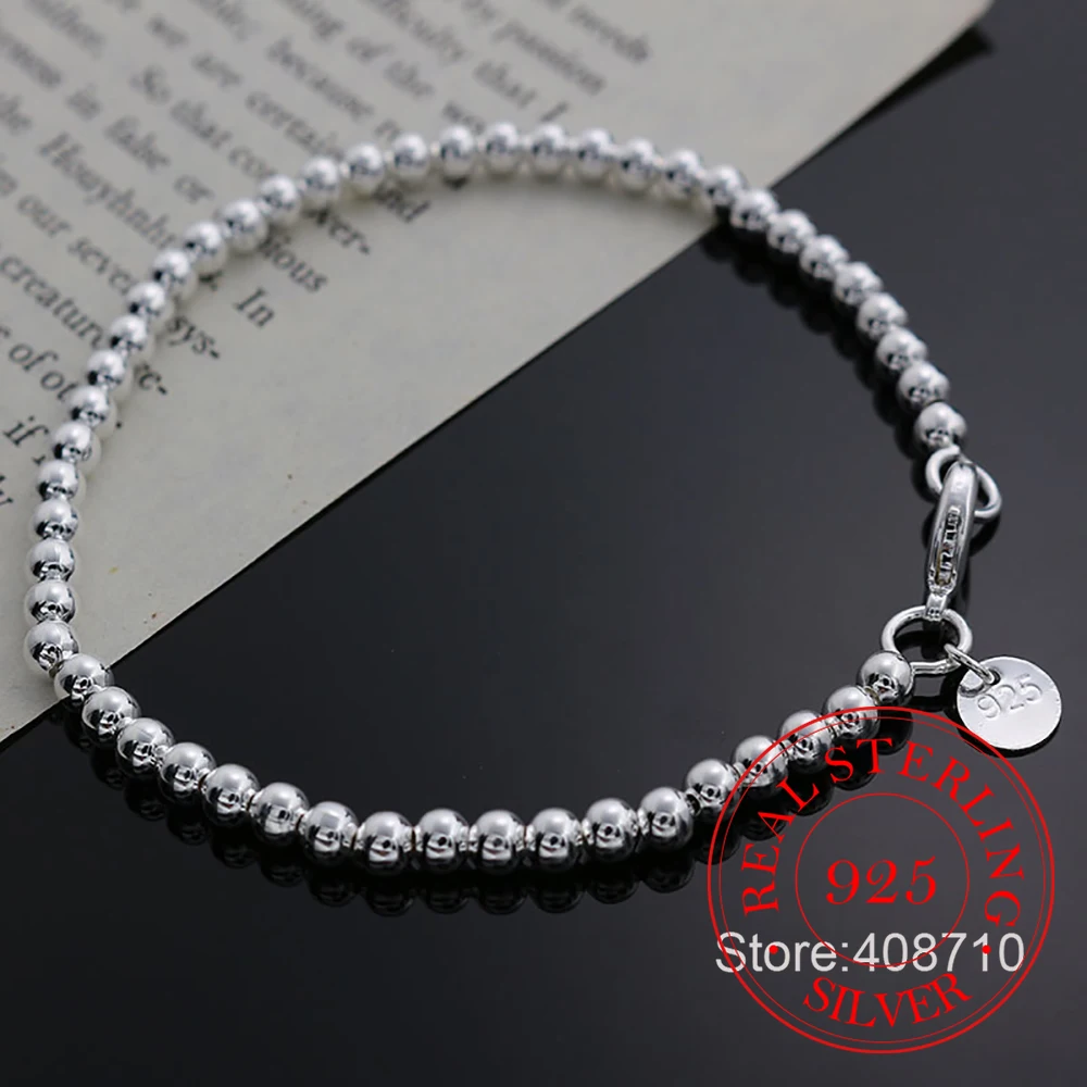 Piękna moda Elegancki łańcuszek z koralików 925 Sterling Silver 4MM Kobiety Śliczna bransoletka Wysokiej jakości wspaniała biżuteria