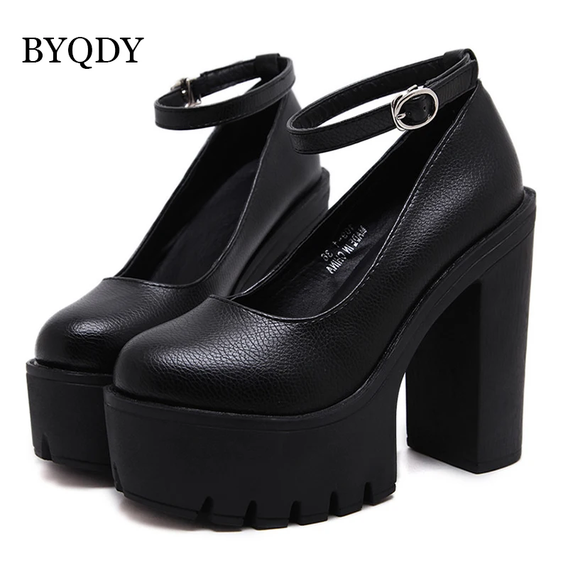 BYQDY Ankle Strap Woman Pumps Chunky Heels Platform Round Toe Ladies Shoes Plus 42 Party Office Pumps Block Heels Spring New