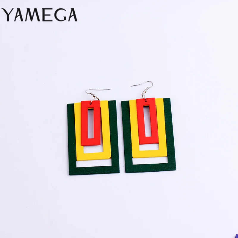 YAMEGA Square Natural Wooden Multilayer Earrings Long Muticolor Africa Drop Earrings For Women Lady Girls