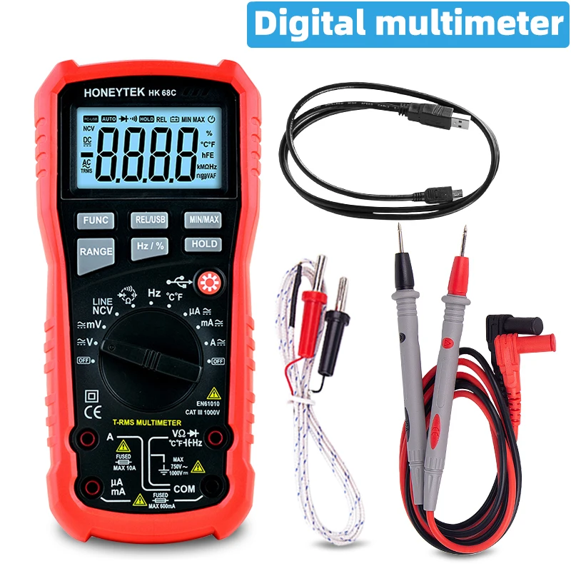 HONEYTEK True RMS Multimeter Digital AC/DC Voltage Current Tester Multimeter Hand Held Auto Range Digital Tester Voltmeter