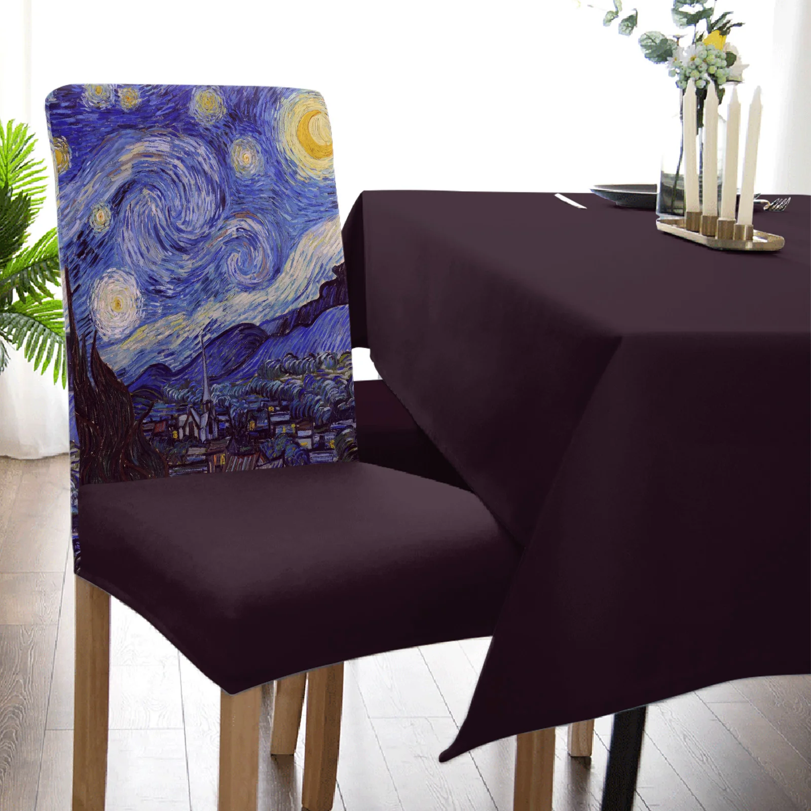 Vincent Van Gogh Starry Night Dining Chair Cover Spandex Elastic Chair Covers for Wedding Hotel Banquet Dining Room