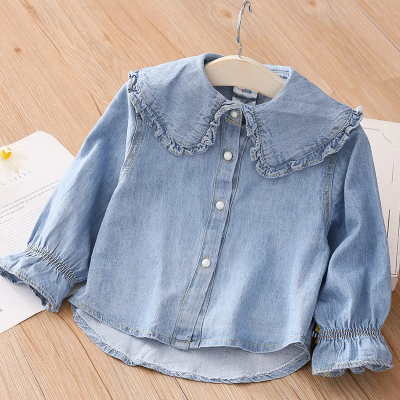 2024 New Spring Autumn 2 3 4 5 6 8 10 Years Children Clothing Turn-Down Neck Long Sleeve Denim Blouse Shirt For Kids Baby Girls