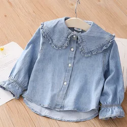 2024 New Spring Autumn 2 3 4 5 6 8 10 Years Children Clothing Turn-Down Neck Long Sleeve Denim Blouse Shirt For Kids Baby Girls