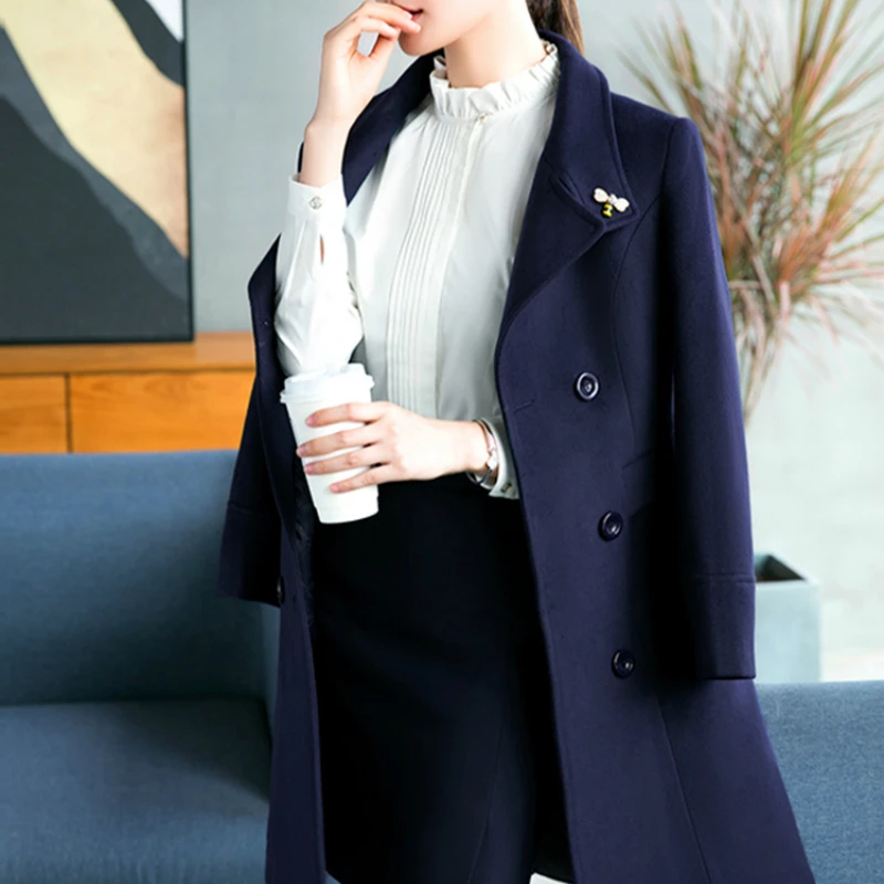 Spring Autumn Elegant Office Ladies Work Clothes 2020 Warm Winter Jacket Women Long Slim Wool Blends Coat Female LWL1406