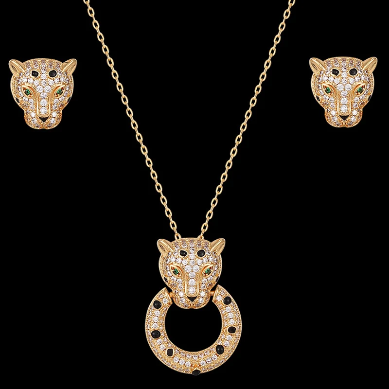 

zlxgirl jewelry New Arrival mixed leopard animal pendant with earring jewelry sets metal cubic zircon copper necklace bijoux set