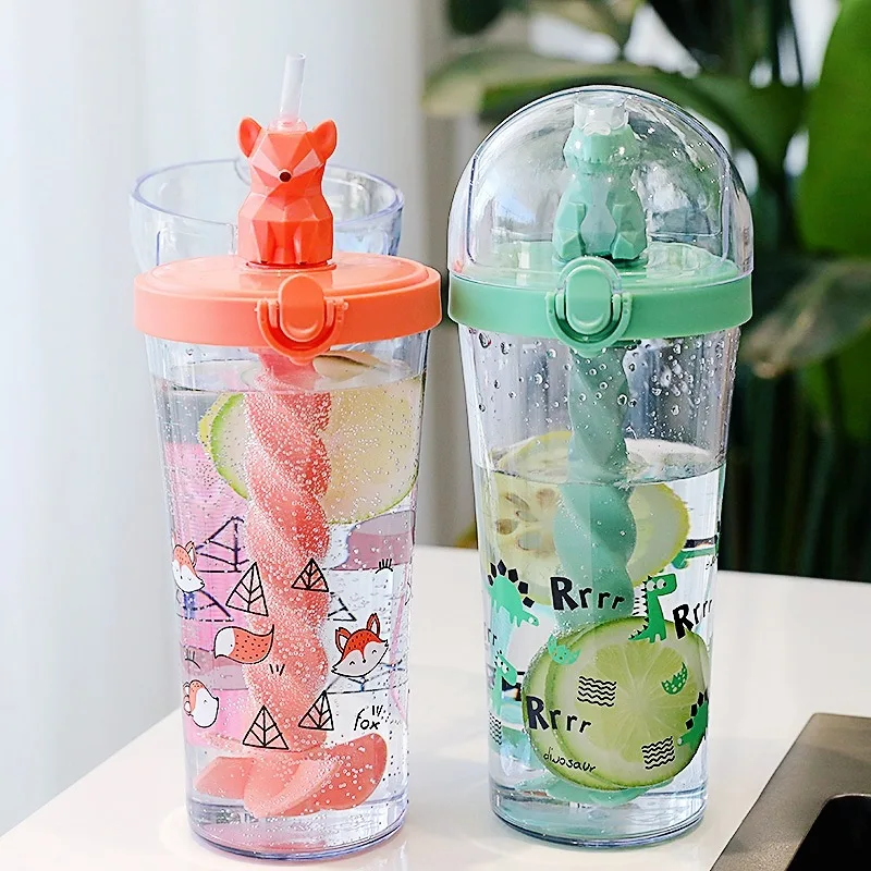 Creative Water Bottle with Straw, Cartoon Mixing Cup, Cute and Funny, Animal Design, Plastic, Girl Heart