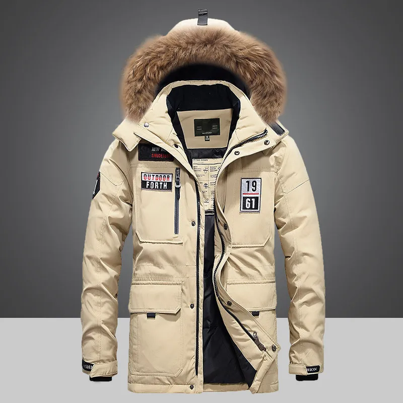 Men's Fashion Casual Down Jacket Mid-length Thick White Duck Down Winter Warm Hooded Large Fur Collar Jacket