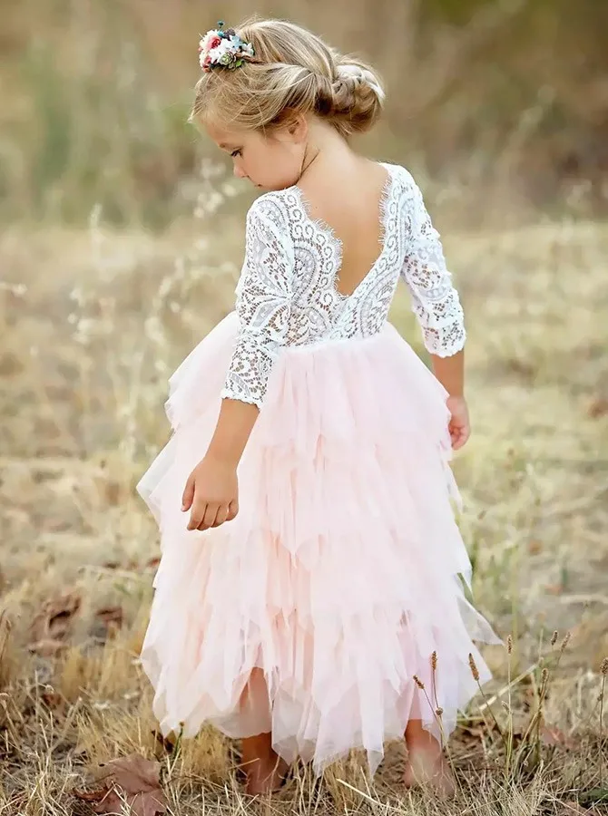 Vestidos de encaje y tul para niña, vestidos de flores de ensueño para boda, a medida, vestidos de desfile hasta el tobillo, vestidos de primera comunión