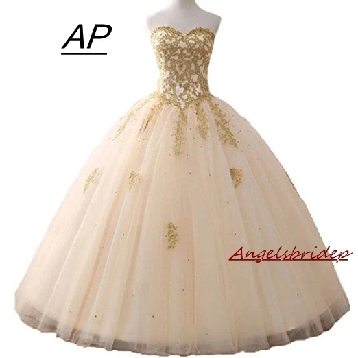 

Angelsbridep Gold Appliques Ball Gown Quinceanera Dress 2021 Sparkle Crystal Tulle Floor-length Sweet 16 Dress Debutante Gowns