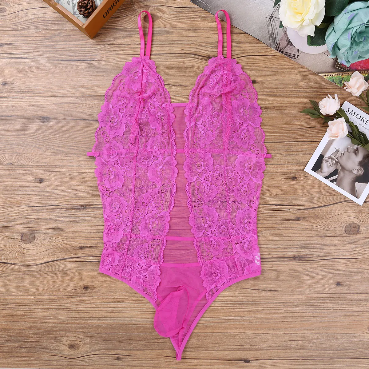 Uomo Sissy Sleepwear Crossdress Lingerie senza maniche Sheer Lace Penis Pouch body Teddie Catsuit Nightwear Crossdress Underwear