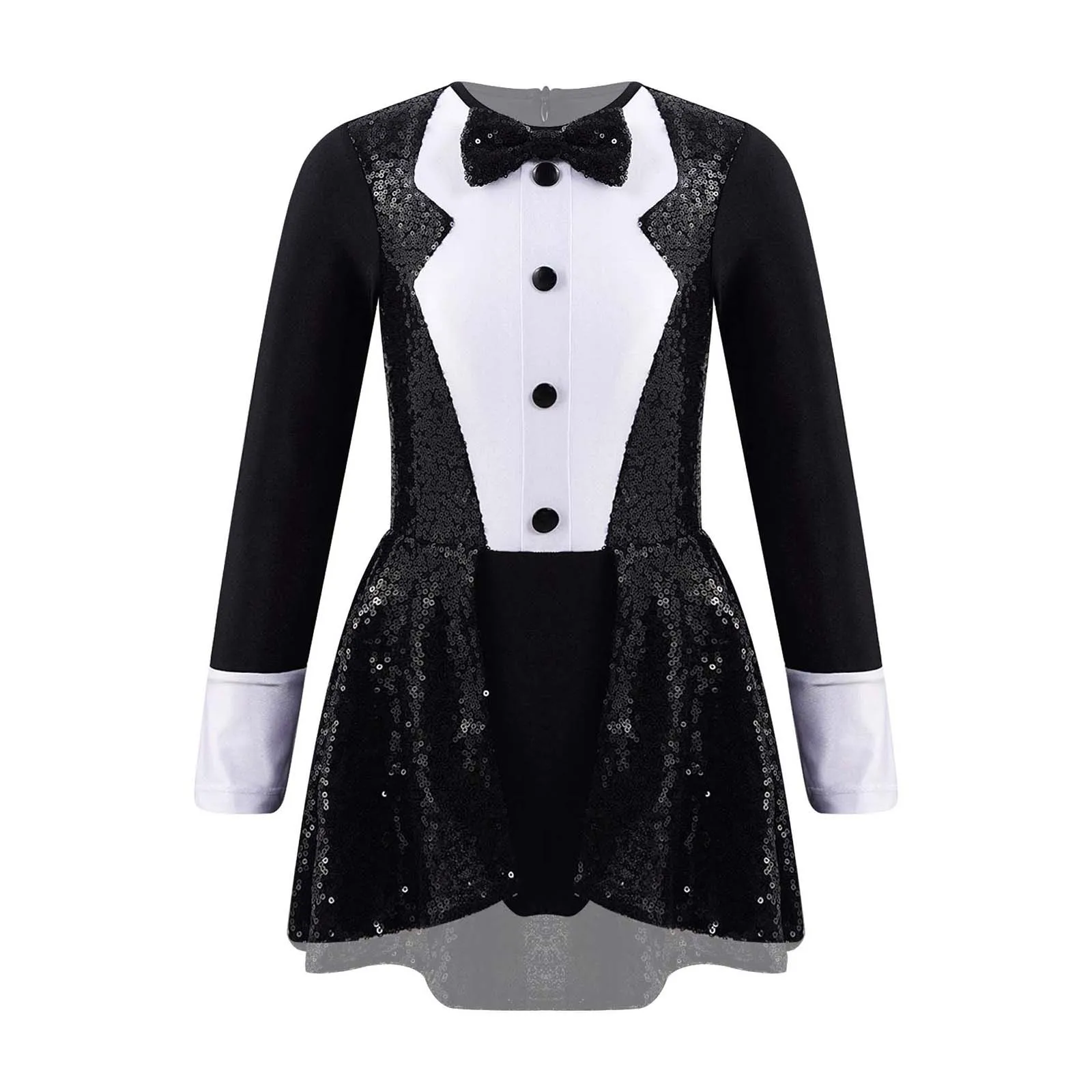 Kids Girls Shiny Magician Costumes Sequins Jazz Ballet Dancing Stage Performance Outfit Cosplay Tuxedo Bowtie Dress Leotards