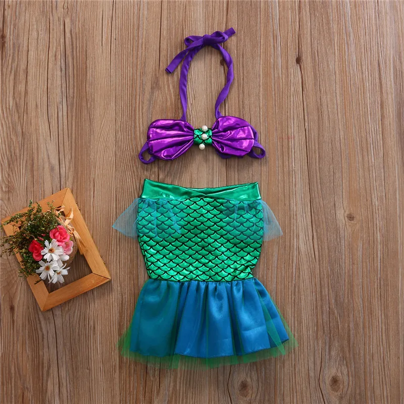 Kids Baby Girls Mermaid Swimsuit Swimming Costume Halter Bowknot Tops Trumpet Skirts Swimwear Two-Piece Bathing Suit Bikini Set