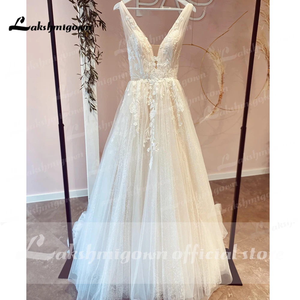 Lakshmigown champagne v pescoço rendas apliques vestido de casamento 2023 com tule brilhante vestidos jardim a linha vestidos de noiva sem costas