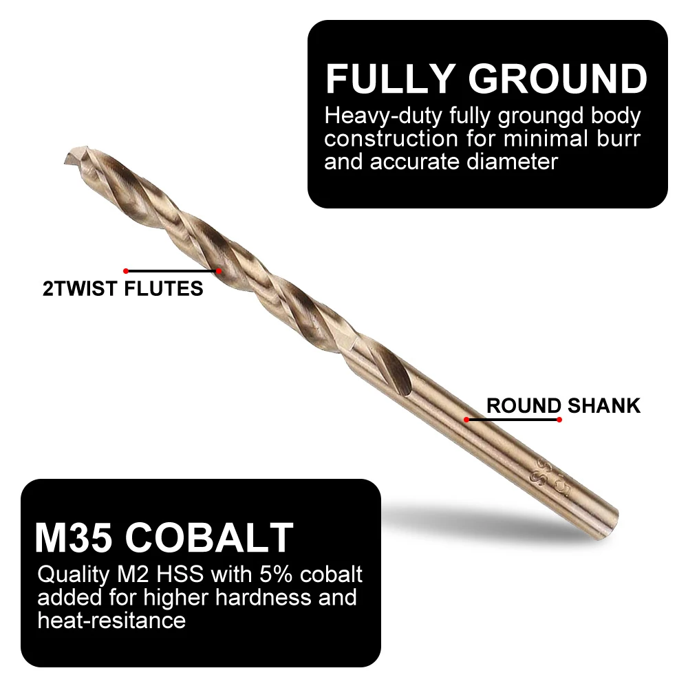 13Pcs/Set 1.5-6.5mm Cobalt Coated Twist Drill Bit Set HSS M35 Gun Drill Bit for Wood/Metal Hole Cutter Tools HSS Drilling Bit