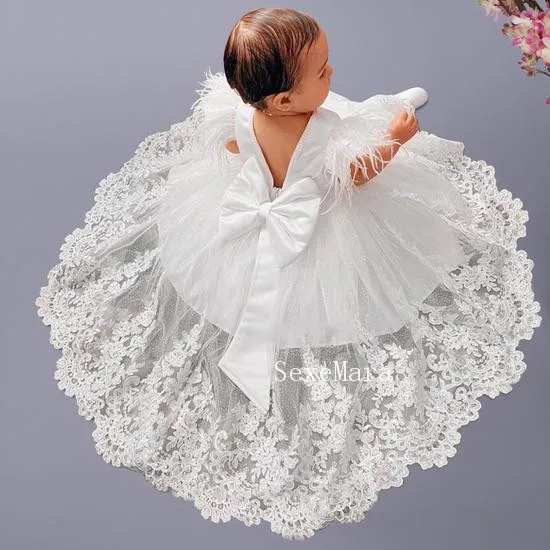 

Lovely White Baby Girl Birthday Dress Feather Sleeves Tulle Lace Flower Girl Dress Christmas Gown Kids Photoshoot